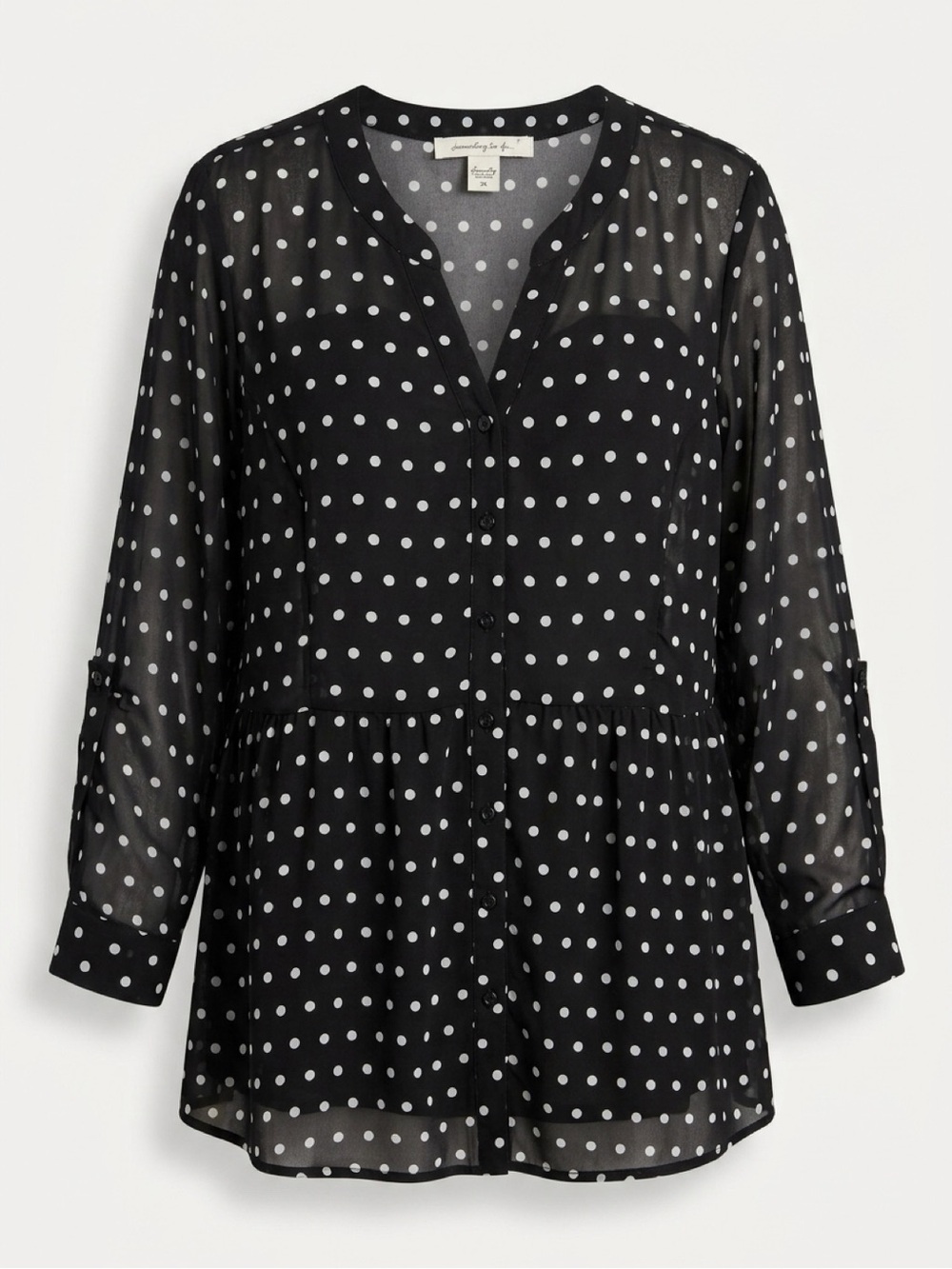 American Rag Black and White Polka Dot Sheer Button Tunic Blouse